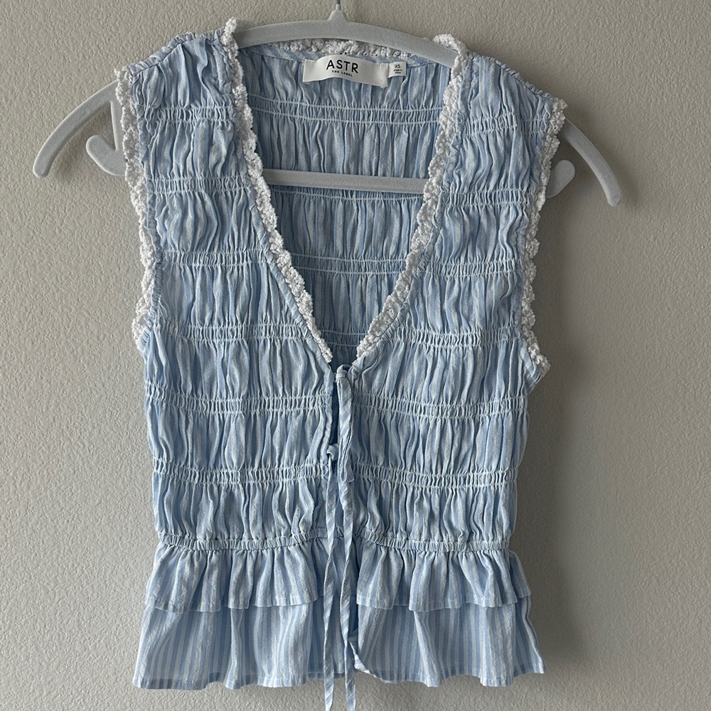 ASTR Light Blue Sleeveless Blouse with Ruffle Trim